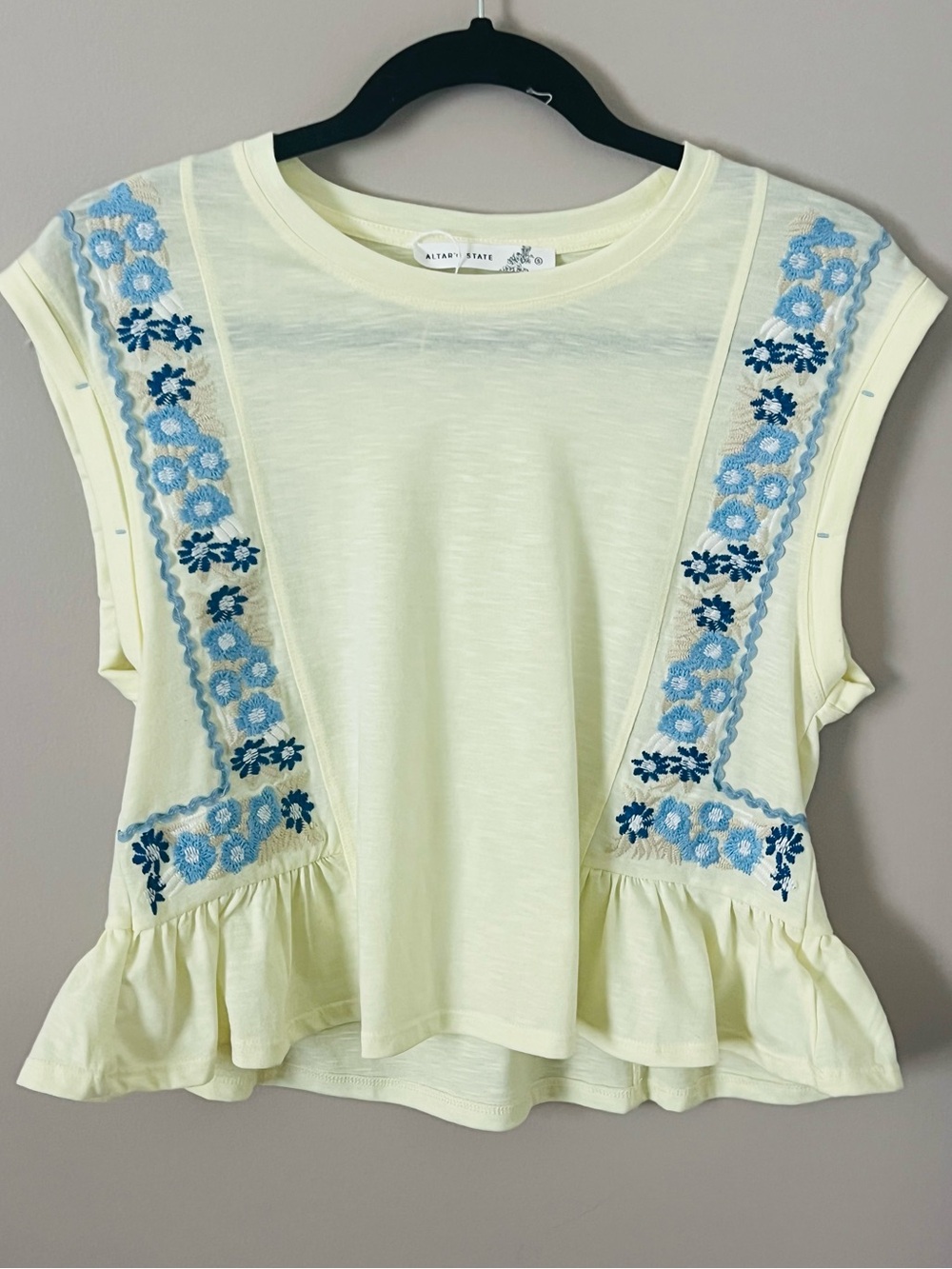 Altar'd State Yellow Peplum style Top with Blue Floral Embroidery